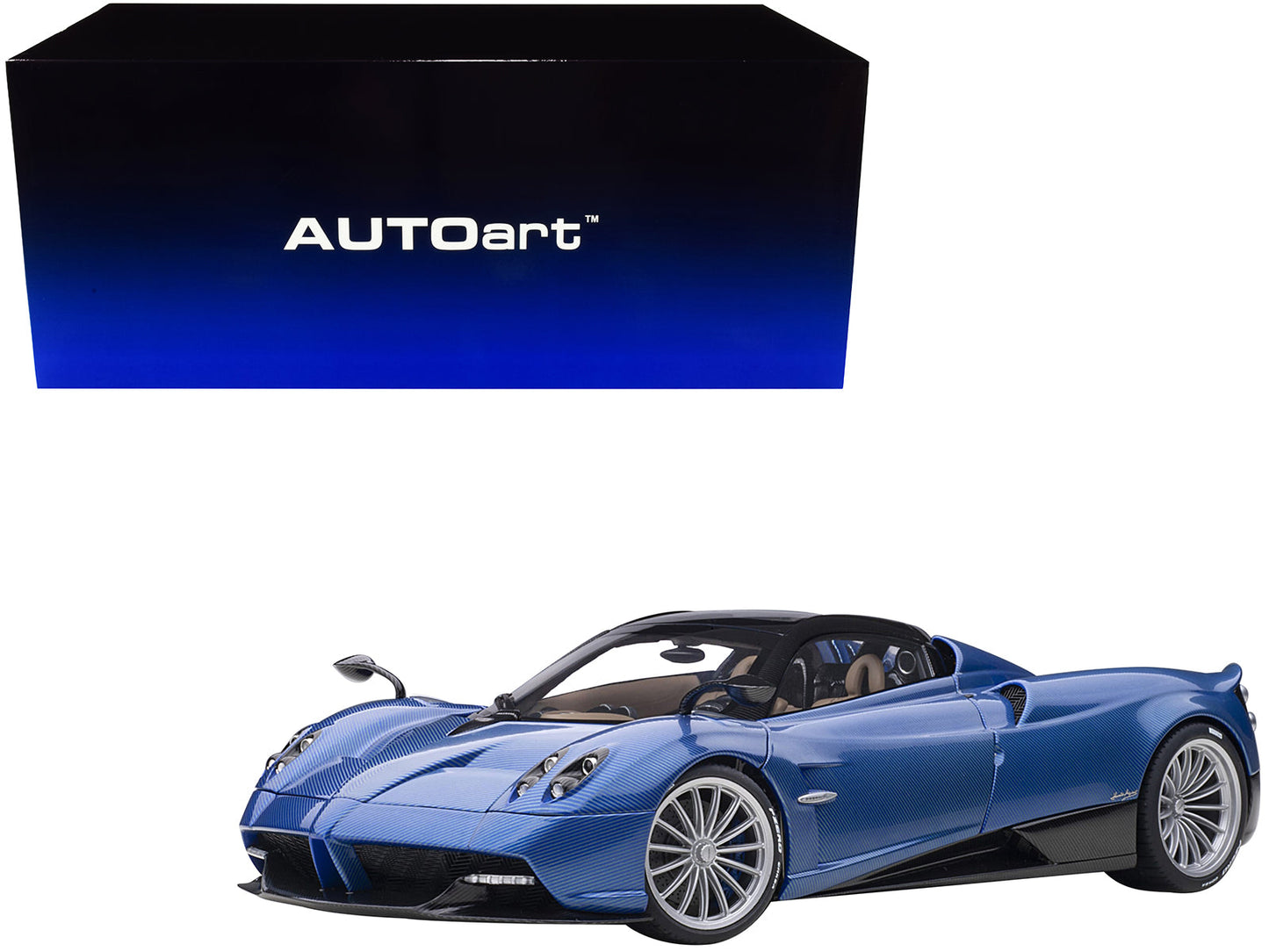 Pagani Huayra Roadster Blue Tricolore Carbon Fiber with Black Top with Luggage Set 1/18 Model Car by Autoart free shipping USA