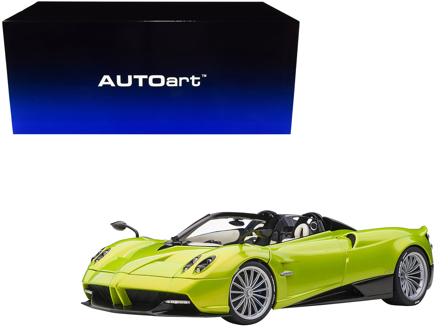 Pagani Huayra Roadster Verde Firenze Green Metallic and Carbon with Luggage Set 1/18 Model Car by Autoart free shipping USA