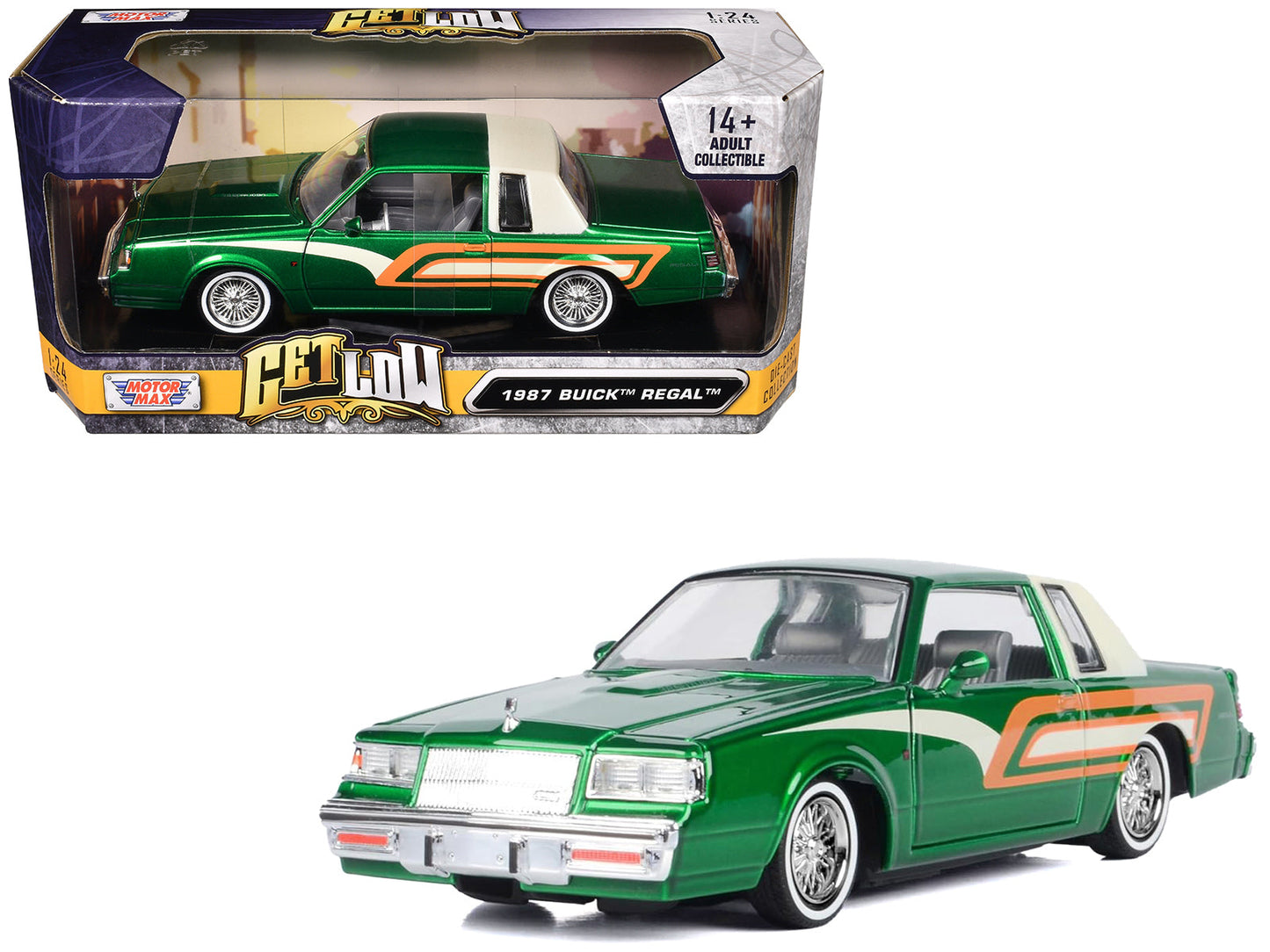 1987 Buick Regal 3.8 SFI Turbo Green Metallic and Cream with Graphics "Get Low" Series 1/24 Diecast Model Car by Motormax free shipping USA