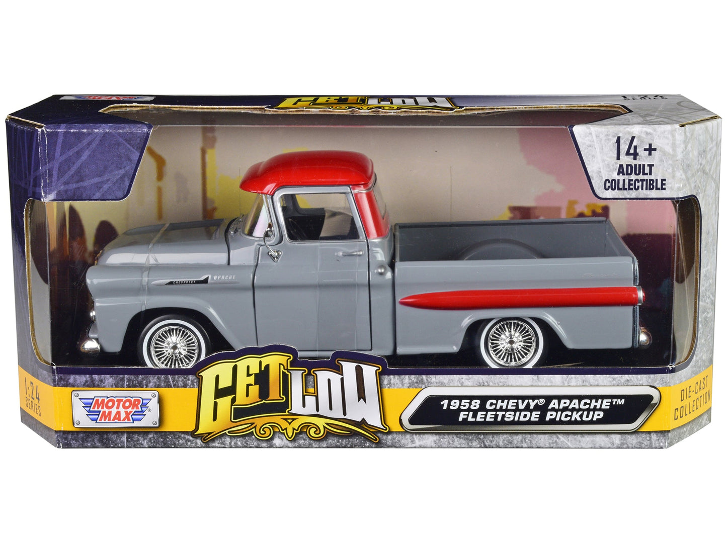 1958 Chevrolet Apache Fleetside Pickup Truck Lowrider Gray with Red Top "Get Low" Series 1/24 Diecast Model Car by Motormax free shipping USA