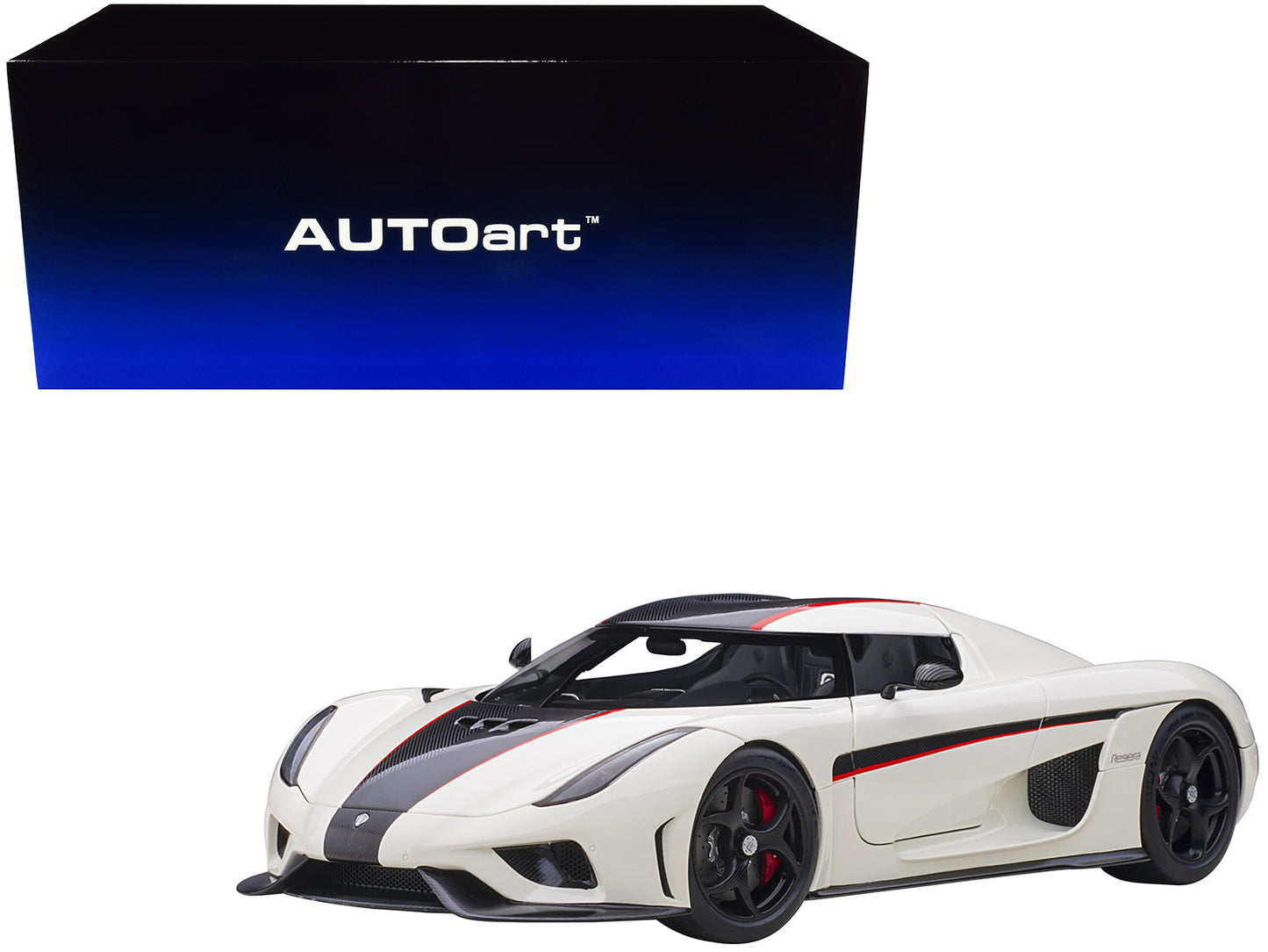 Koenigsegg Regera White with Black Carbon and Red Stripes 1/18 Model Car by Autoart free shipping USA