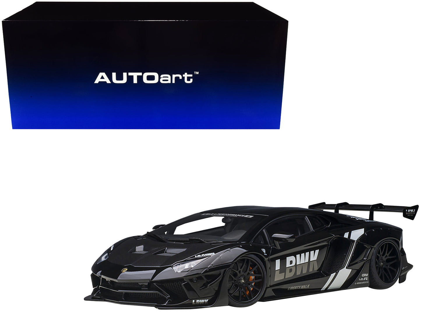 Lamborghini Aventador Liberty Walk LB-Works Livery Black with Carbon Hood Limited Edition 1/18 Model Car by Autoart free shipping USA