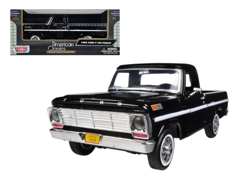 1969 Ford F-100 Pickup Truck Black 1/24 Diecast Model Car by Motormax free shipping USA