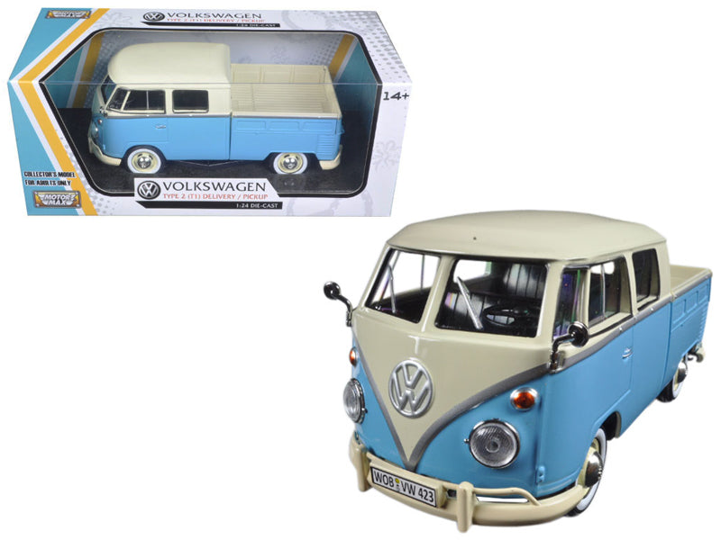 Volkswagen Type 2 (T1) Double Cab Pickup Truck Light Blue and Cream 1/24 Diecast Model Car by Motormax free shipping USA
