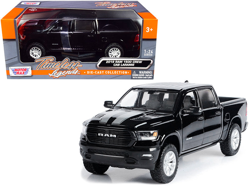 2019 RAM 1500 Laramie Crew Cab Pickup Truck Black with Silver Stripes 1/24 Diecast Model Car by Motormax free shipping USA