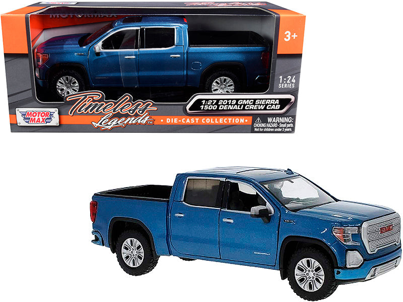 2019 GMC Sierra 1500 Denali Crew Cab Pickup Truck Blue Metallic 1/24-1/27 Diecast Model Car by Motormax free shipping USA