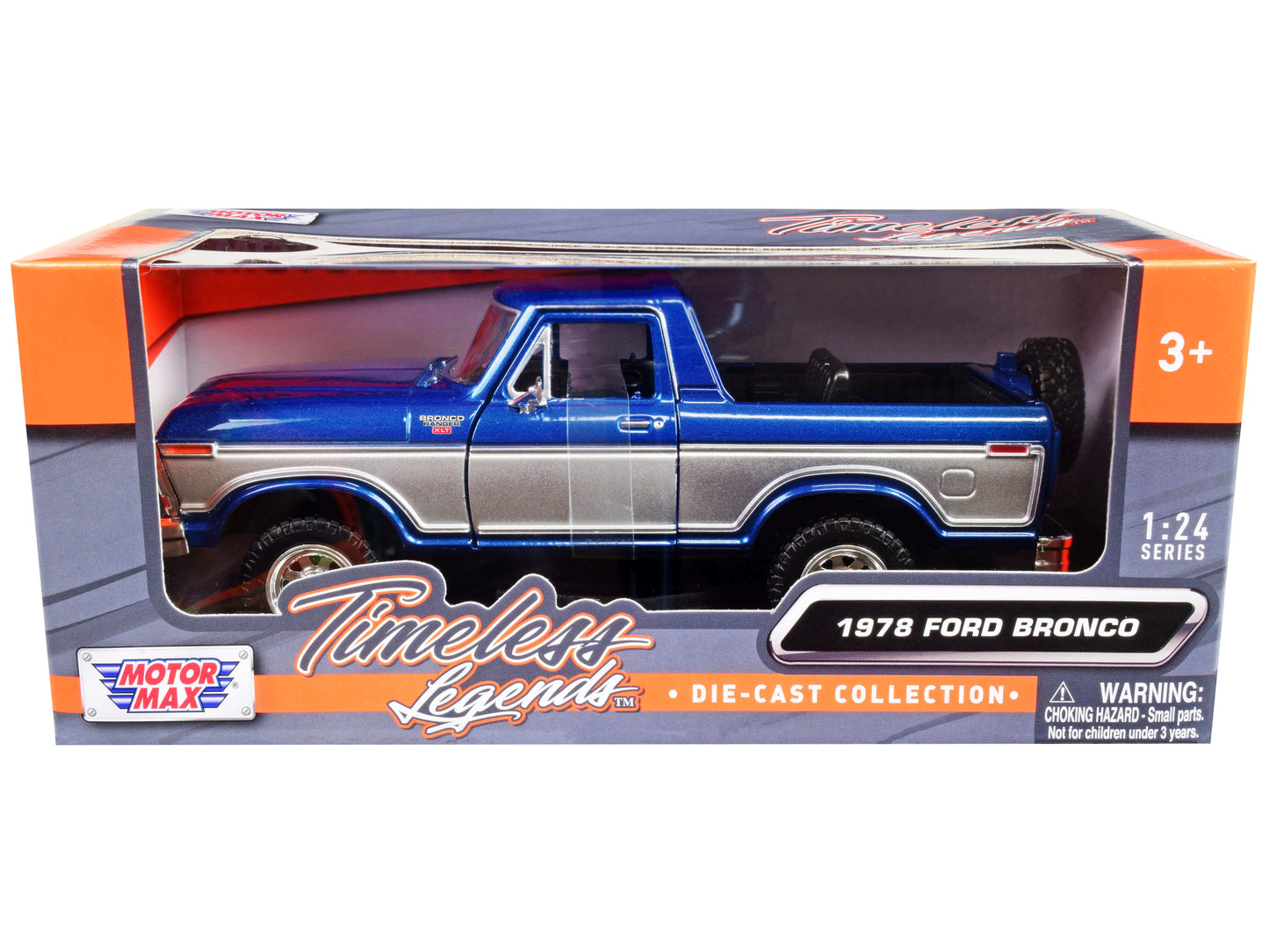 1978 Ford Bronco Ranger XLT (Open Top) with Spare Tire Blue Metallic and Silver "Timeless Legends" Series 1/24 Diecast Model Car by Motormax free shipping USA