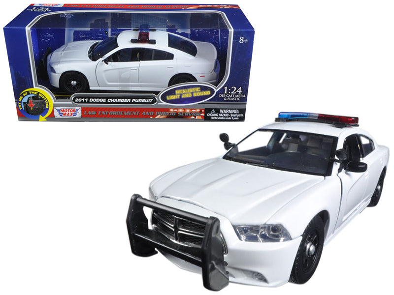 2011 Dodge Charger Pursuit Police Car White with Flashing Light Bar, Front and Rear Lights and 2 Sounds 1/24 Diecast Model Car by Motormax free shipping USA