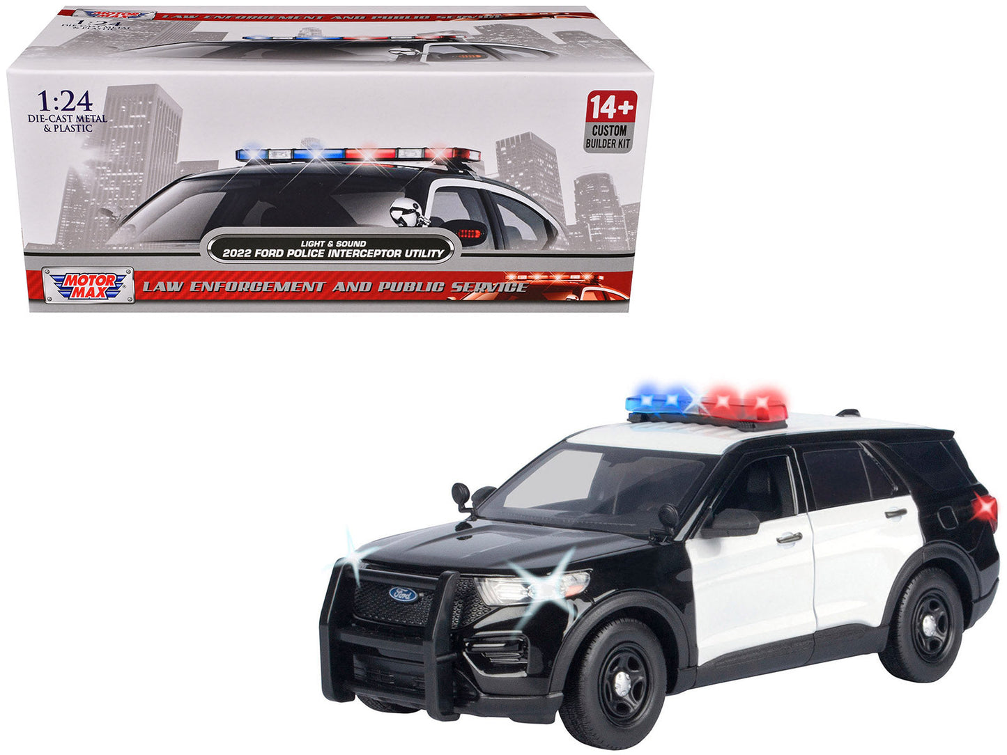 2022 Ford Police Interceptor Utility Black and White "Builder's Kit" with Flashing Light Bar and Front and Rear Lights and Sounds 1/24 Diecast Model Car by Motormax free shipping USA