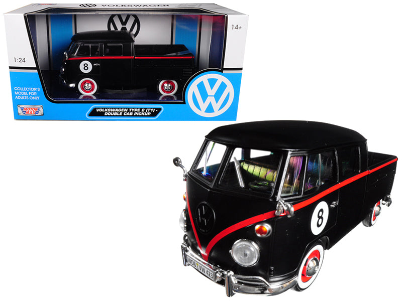 Volkswagen Type 2 (T1) Double Cab Pickup #8 Matt Black 1/24 Diecast Car Model by Motormax free shipping USA
