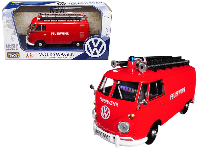 Volkswagen Type 2 (T1) Fire Van "Feuerwehr" Red 1/24 Diecast Model Car by Motormax free shipping USA