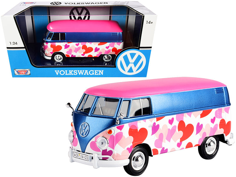 Volkswagen Type 2 (T1) Delivery Van "Love" Pink and Blue Metallic 1/24 Diecast Model Car by Motormax free shipping USA