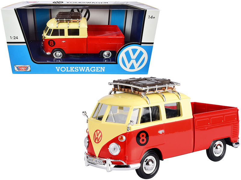 Volkswagen Type 2 (T1) #8 Pickup Truck with Roof Rack and Luggage Red and Yellow 1/24 Diecast Model Car by Motormax free shipping USA