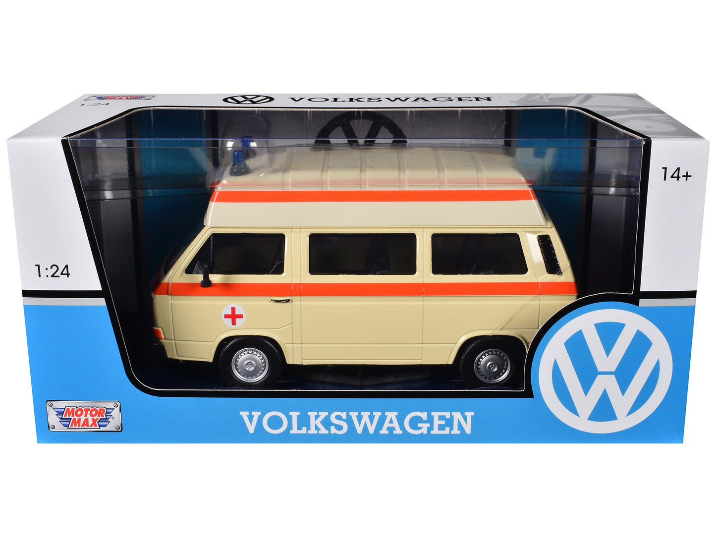 Volkswagen Type 2 (T3) High Roof Ambulance Cream with Orange Stripes 1/24 Diecast Model Car by Motormax free shipping USA