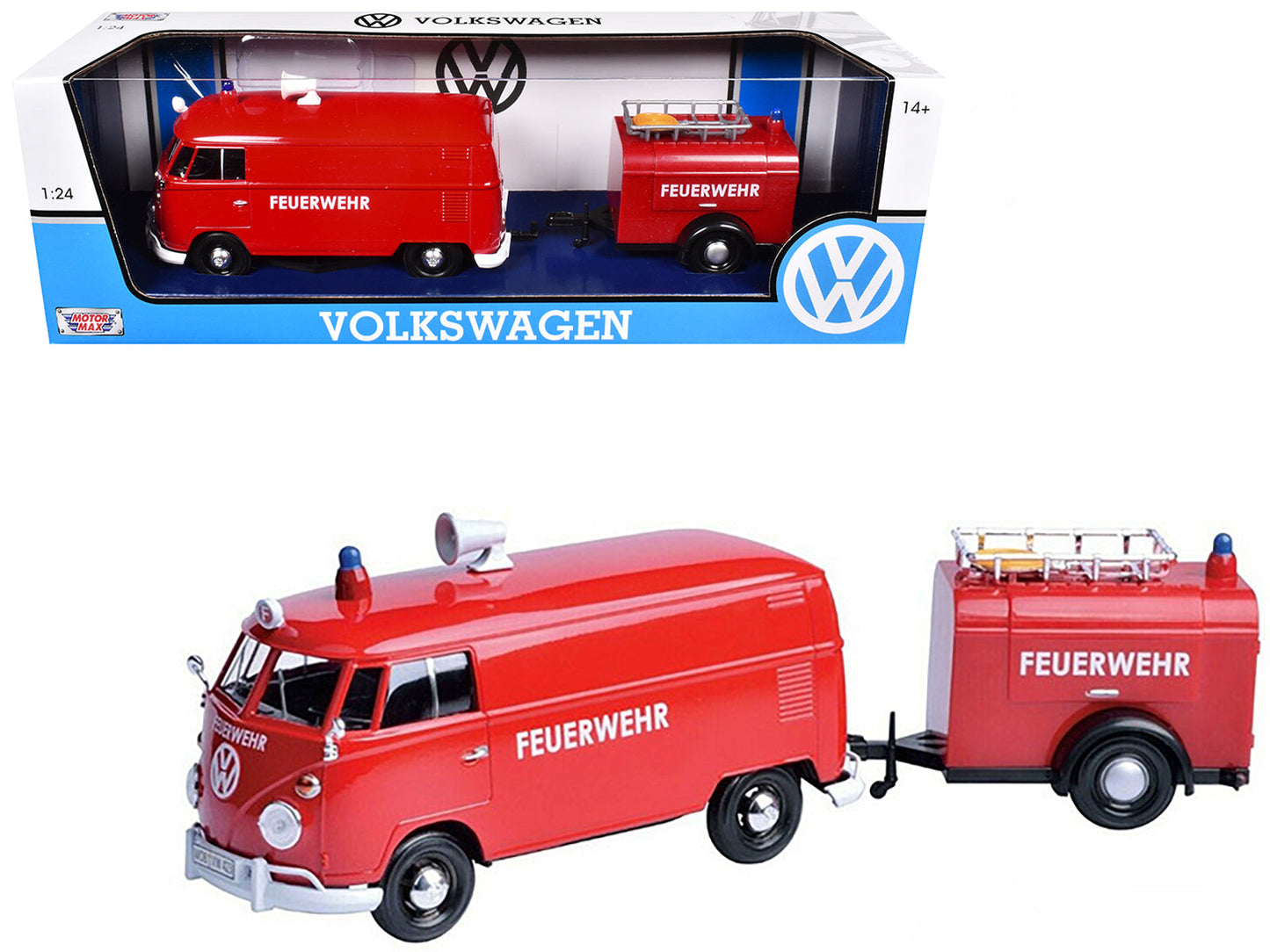 Volkswagen Type 2 (T1) Fire Van with Fire Fighting Trailer "Feuerwehr" Red 1/24 Diecast Model Car by Motormax free shipping USA
