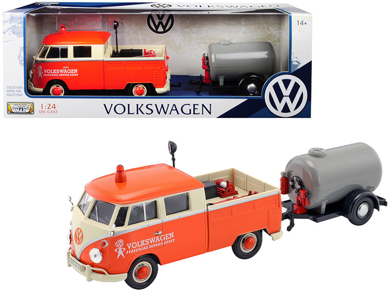 Volkswagen Type 2 (T1) Pickup Truck Orange and Cream with Oil Trailer "Road Service" 1/24 Diecast Model Car by Motormax free shipping USA