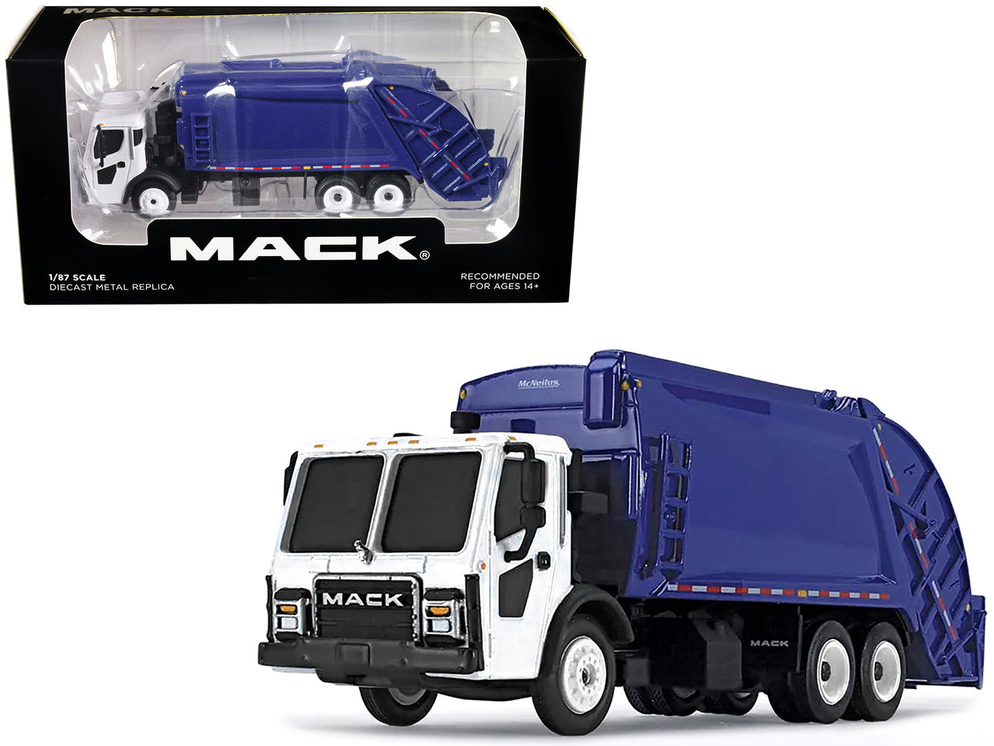 Mack LR with McNeilus Rear Load Refuse Body Blue and White 1/87 (HO) Diecast Model by First Gear free shipping USA