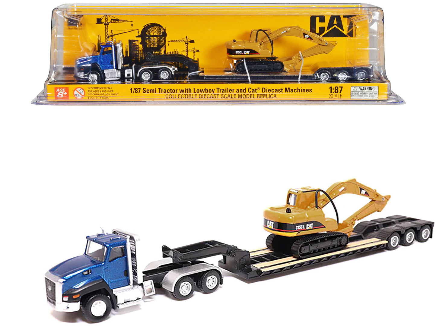 CAT Caterpillar CT660 Day Cab Tractor Blue Metallic with Lowboy Trailer and CAT 315C L Hydraulic Excavator Yellow 1/87 (HO) Diecast Model by Diecast Masters free shipping USA