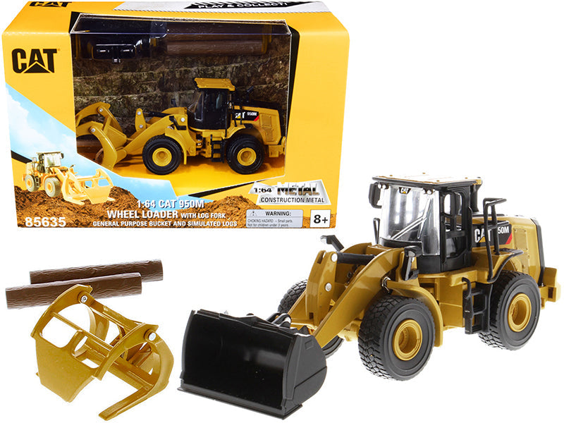 CAT Caterpillar 950M Wheel Loader with Bucket and Log Fork with Two Log Poles "Play & Collect!" 1/64 Diecast Model by Diecast Masters free shipping USA