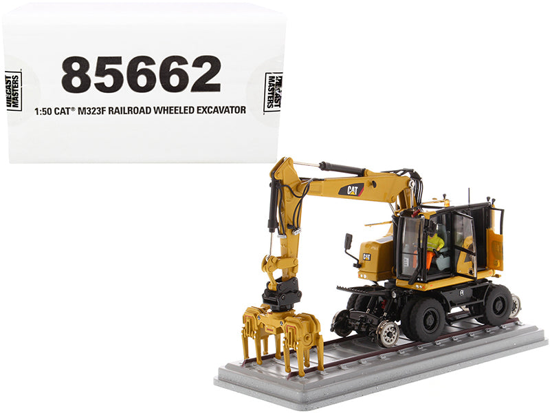 CAT Caterpillar M323F Railroad Wheeled Excavator with Operator and 3 Work Tools (CAT Yellow Version) "High Line Series" 1/50 Diecast Model by Diecast Masters free shipping USA