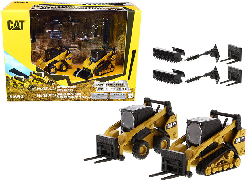 Set of 2 pieces CAT Caterpillar 272D2 Skid Steer Loader and CAT Caterpillar 297D2 Compact Track Loader with Accessories 1/64 Diecast Models by Diecast Masters free shipping USA