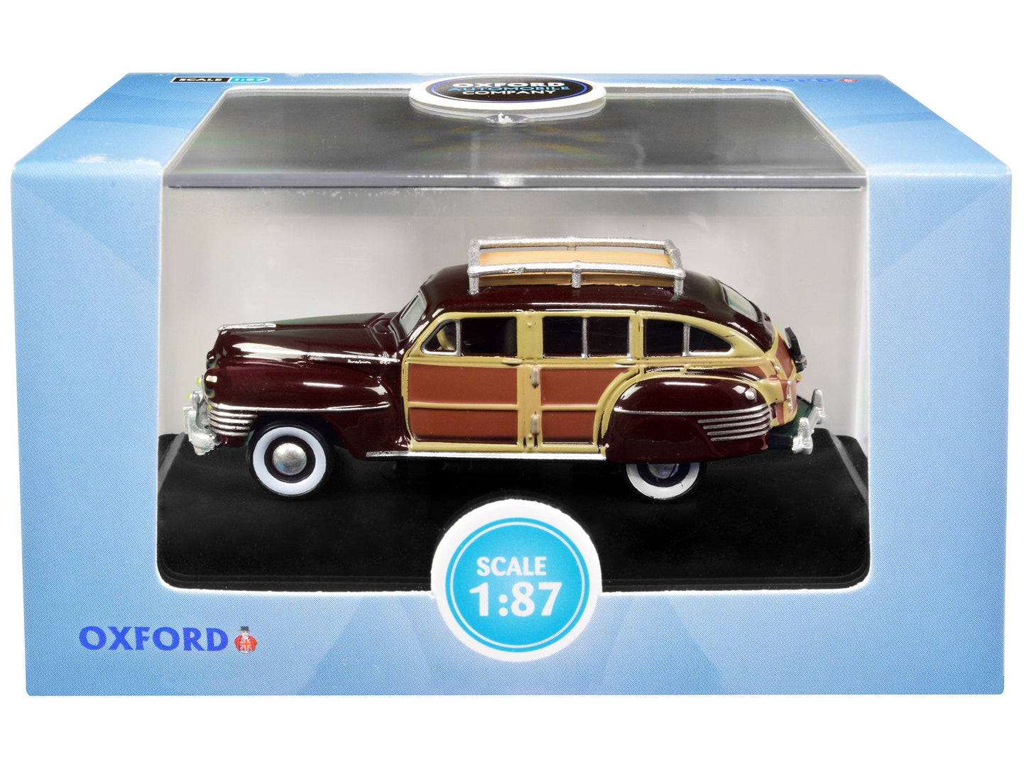 1942 Chrysler Town and Country Woody Wagon Regal Maroon with Roof Rack 1/87 (HO) Scale Diecast Model Car by Oxford Diecast free shipping USA