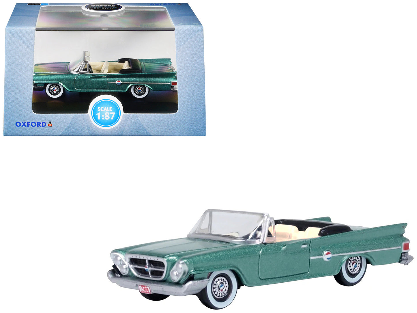 1961 Chrysler 300 Convertible Pinewood Green Metallic 1/87 (HO) Scale Diecast Model Car by Oxford Diecast free shipping USA