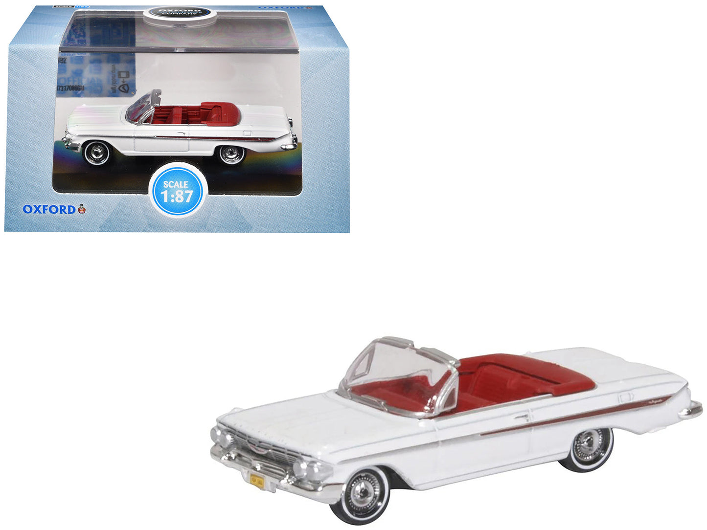 1961 Chevrolet Impala Convertible Ermine White with Roman Red Interior 1/87 (HO) Scale Diecast Model Car by Oxford Diecast free shipping USA