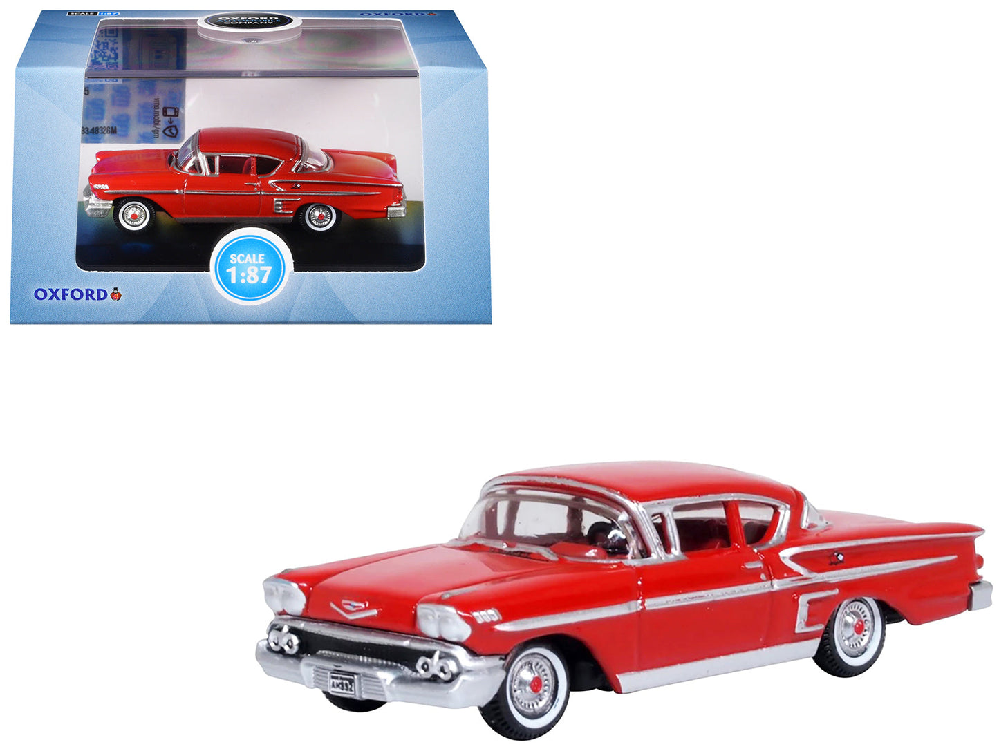 1958 Chevrolet Impala Sports Coupe Rio Red 1/87 (HO) Scale Diecast Model Car by Oxford Diecast free shipping USA