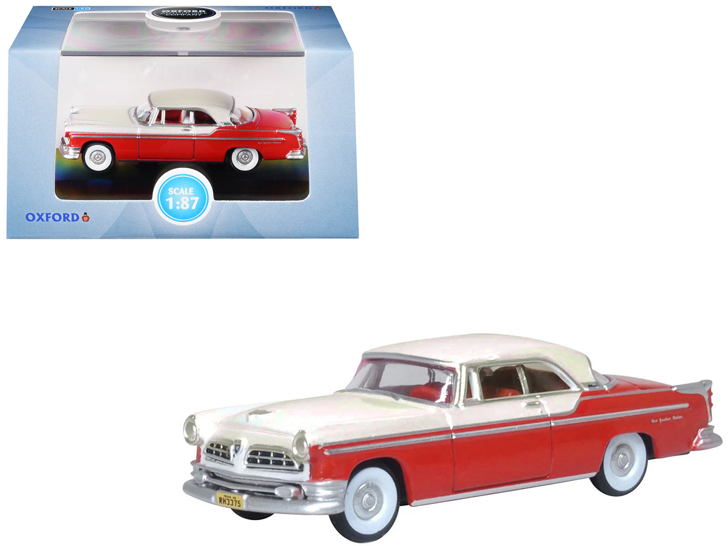 1955 Chrysler New Yorker Deluxe St. Regis Tango Red and Platinum Metallic 1/87 (HO) Scale Diecast Model Car by Oxford Diecast free shipping USA