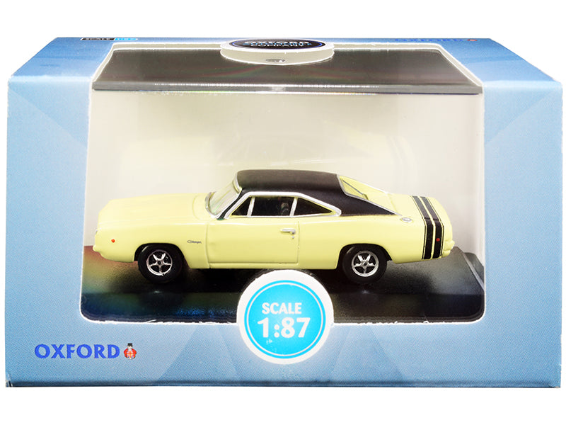 1968 Dodge Charger Light Yellow with Black Top and Black Stripes 1/87 (HO) Scale Diecast Model Car by Oxford Diecast free shipping USA