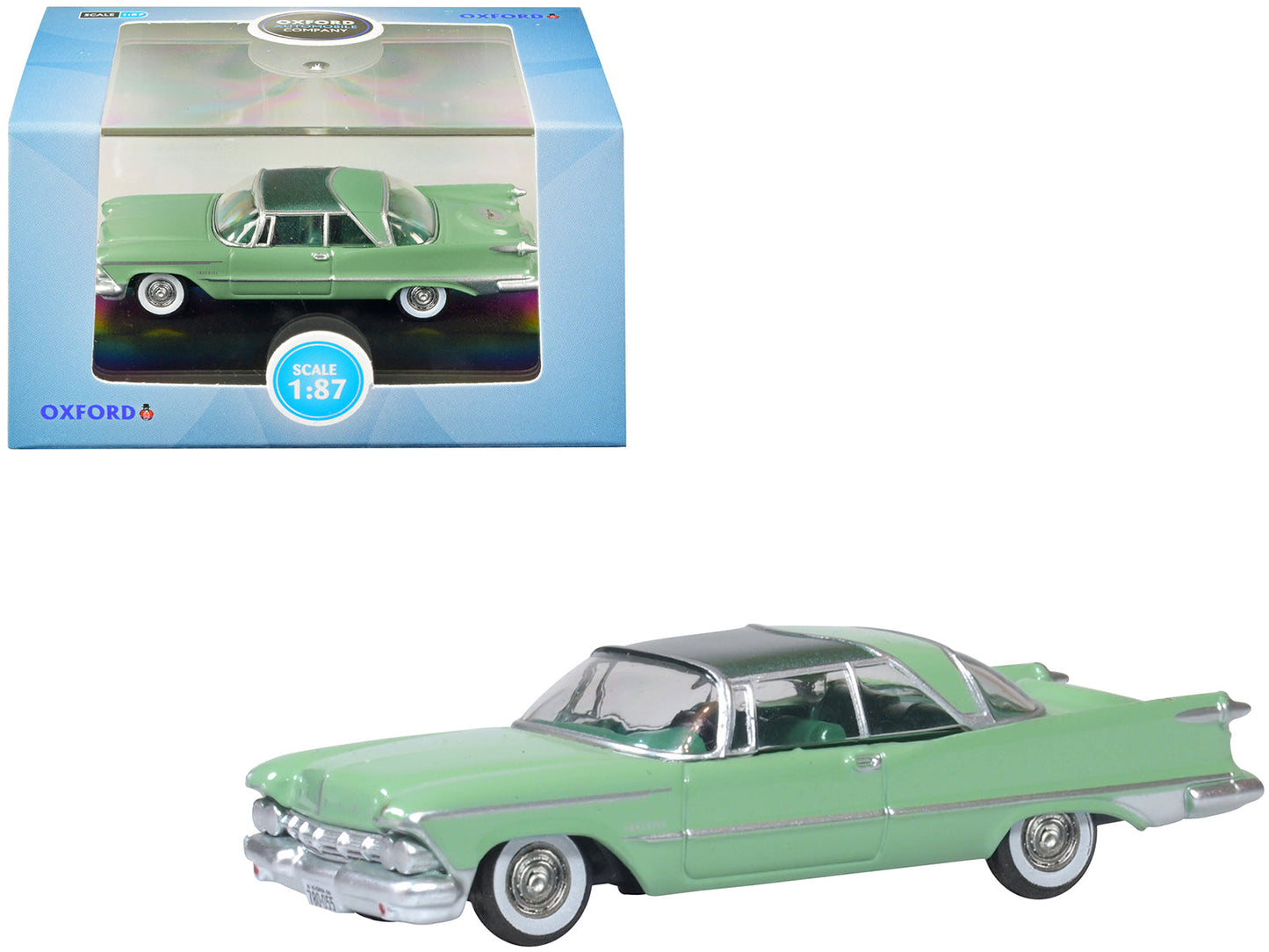 1959 Chrysler Imperial Crown 2 Door Hardtop Highland Green and Ballad Green 1/87 (HO) Scale Diecast Model Car by Oxford Diecast free shipping USA