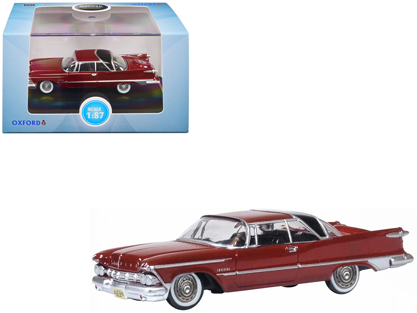 1959 Chrysler Imperial Crown 2 Door Hardtop Radiant Red with Black Top 1/87 (HO) Scale Diecast Model Car by Oxford Diecast free shipping USA
