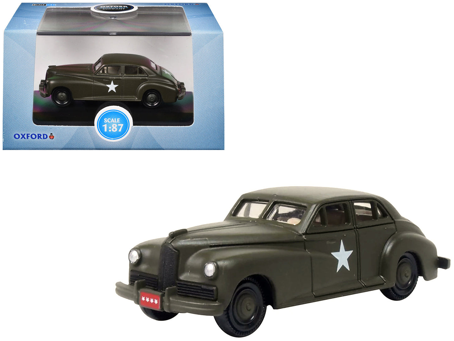 1942 Packard Clipper Touring Sedan "US Army Staff Car" Olive Drab 1/87 (HO) Scale Diecast Model Car by Oxford Diecast free shipping USA