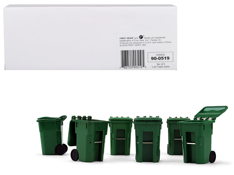 Set of 6 Green Garbage Trash Bin Containers Replica 1/34 Models by First Gear free shipping USA