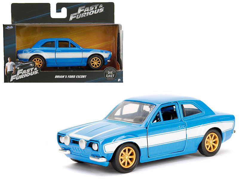 Brian's Ford Escort Light Blue with White Stripes "Fast & Furious" Movie 1/32 Diecast Model Car by Jada free shipping USA