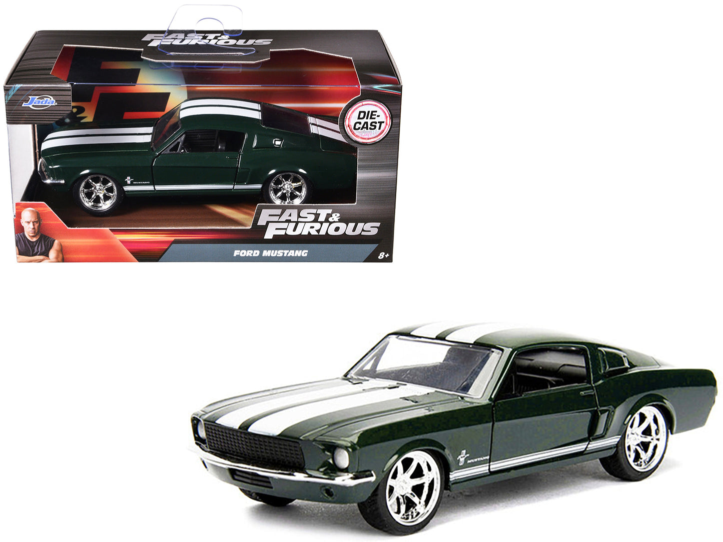 Sean's Ford Mustang Dark Green with White Stripes "Fast & Furious" Movie 1/32 Diecast Model Car by Jada free shipping USA