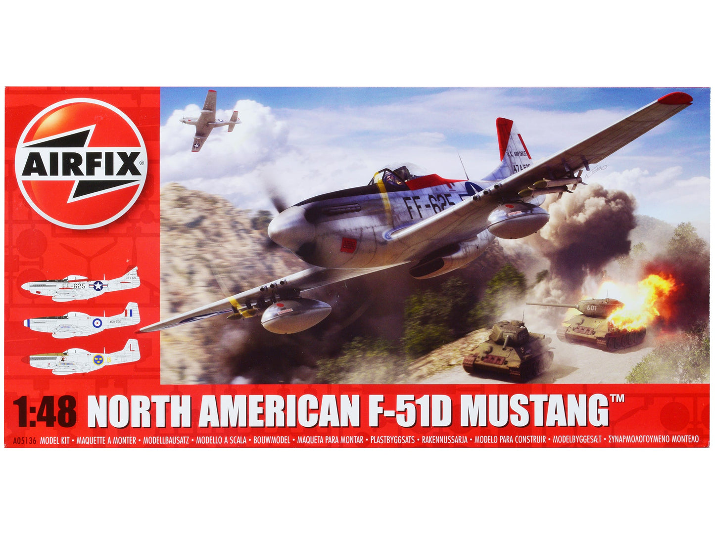Level 2 Model Kit North American F-51D Mustang Fighter Aircraft with 3 Scheme Options 1/48 Plastic Model Kit by Airfix free shipping USA