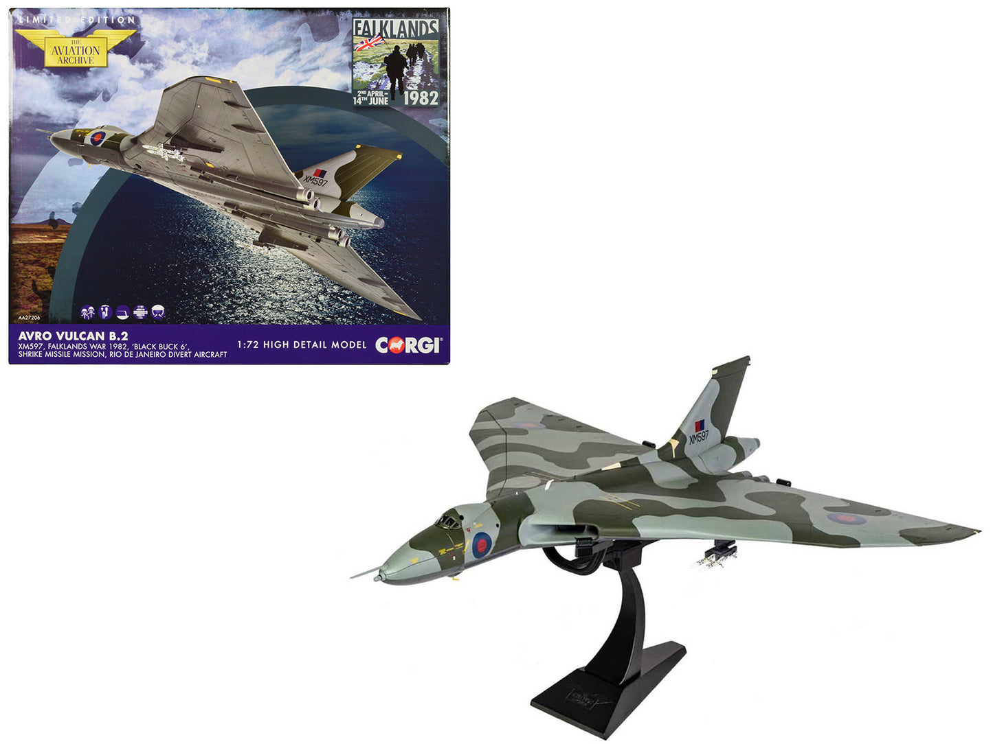 Avro Vulcan B2 Bomber Aircraft "XM597 'Black Buck 6 Shrike Missile Mission Rio de Janeiro Divert Aircraft Falklands War" (1982) British Royal Air Force "The Aviation Archive" Series 1/72 Diecast Model by Corgi free shipping USA