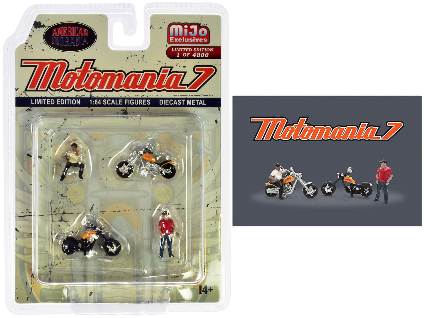 "Motomania 7" 4 piece Diecast Figure Set (2 Figures 2 Motorcycles) Limited Edition to 4800 pieces Worldwide for 1/64 scale models by American Diorama free shipping USA