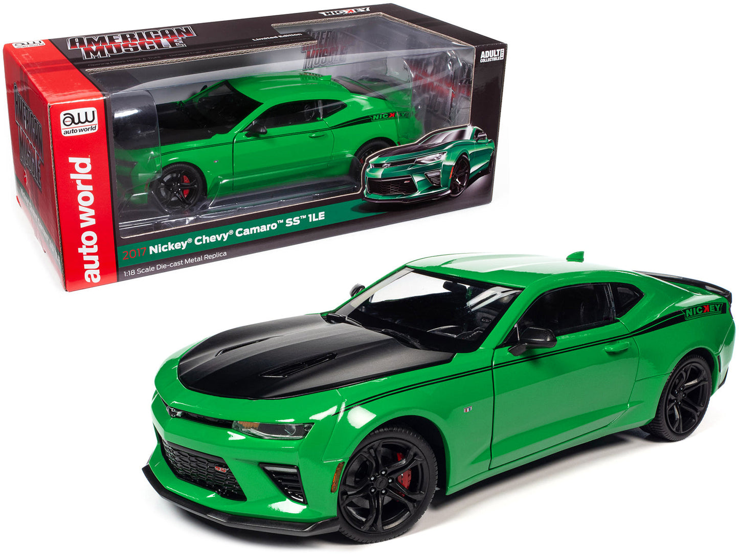 2017 Chevrolet Nickey Camaro SS 1LE Krypton Green with Matt Black Hood and Black Stripes 1/18 Diecast Model Car by Auto World free shipping USA