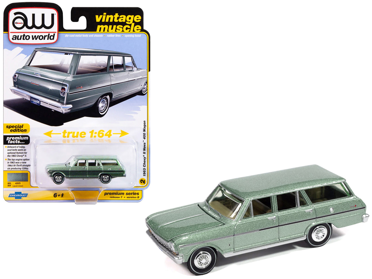 1963 Chevrolet II Nova 400 Wagon Laurel Green Metallic "Vintage Muscle" Series 1/64 Diecast Model Car by Auto World free shipping USA
