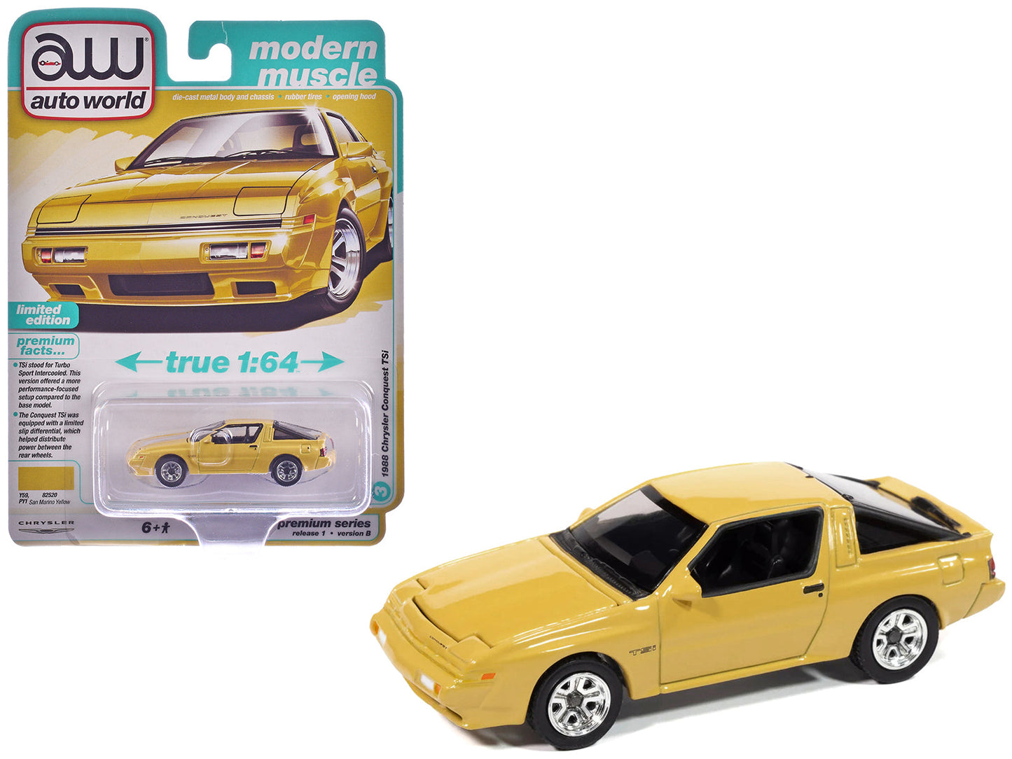 1988 Chrysler Conquest TSi San Marino Yellow "Modern Muscle" Series 1/64 Diecast Model Car by Auto World free shipping USA