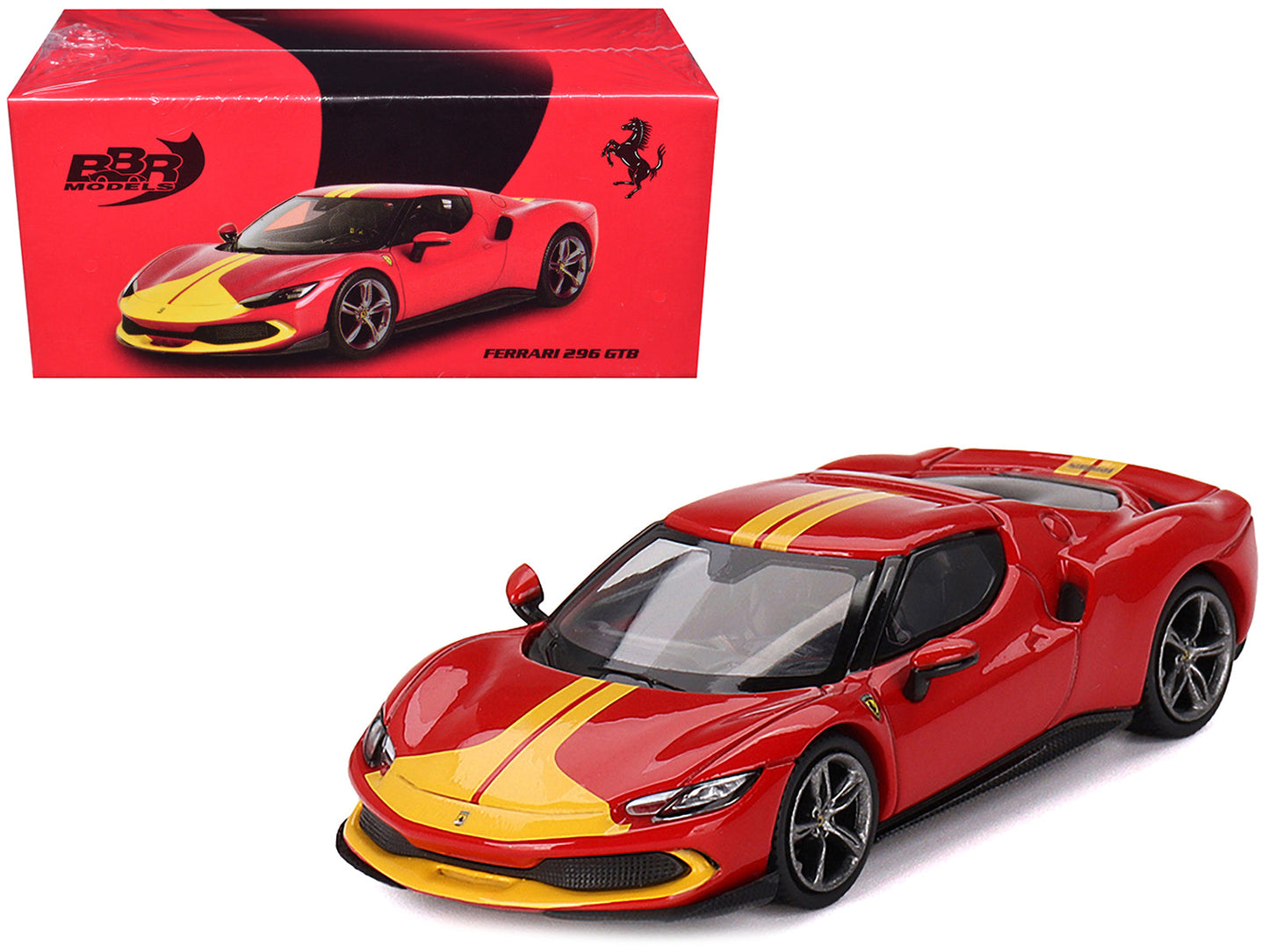 Ferrari 296 GTB Assetto Fiorano Rosso Corsa Red with Yellow Stripes 1/64 Diecast Model Car by BBR free shipping USA