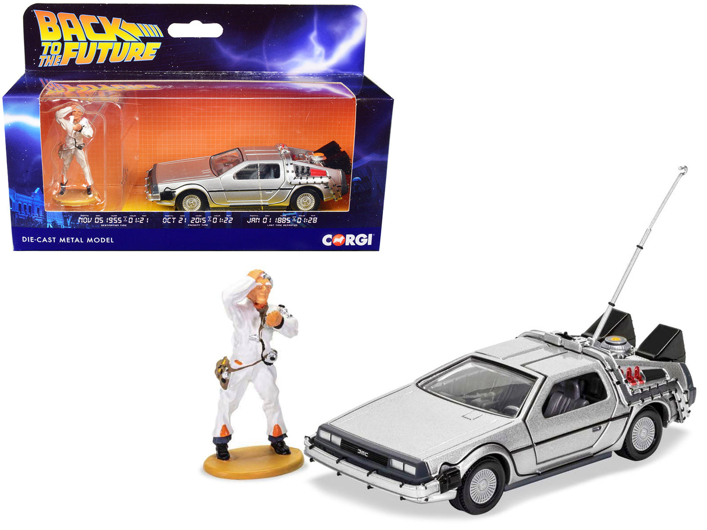 DMC DeLorean Time Machine with Doc Brown Figure "Back to the Future" (1985) Movie Diecast Model Car by Corgi free shipping USA