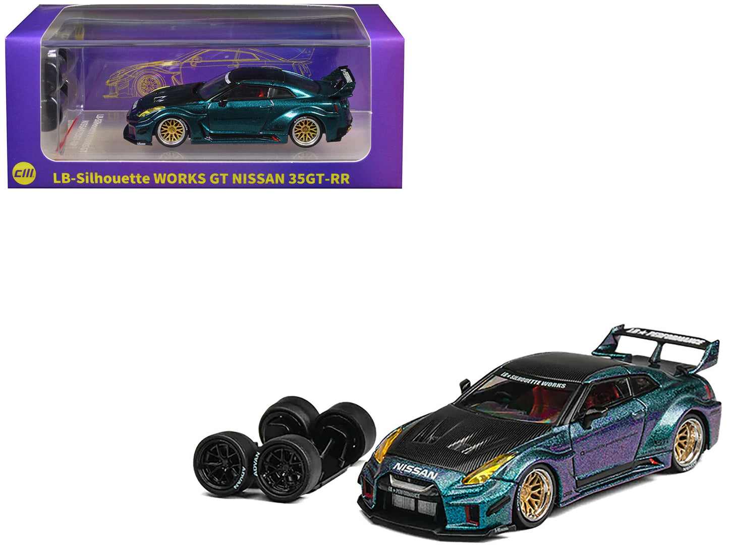 Nissan 35GT-RR "LB-Silhouette Works GT" RHD (Right Hand Drive) Magic Purple Metallic with Extra Wheels 1/64 Diecast Model Car by CM Model free shipping USA