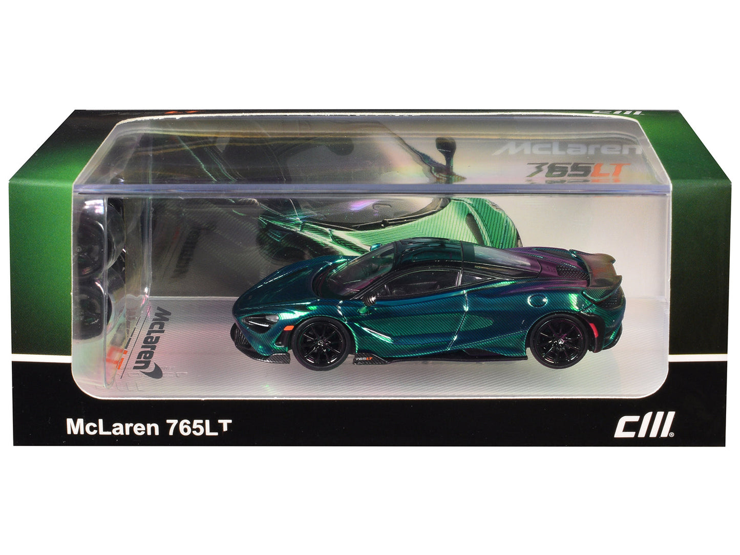 McLaren 765LT Green Carbon Metallic with Black Top and Extra Wheels 1/64 Diecast Model Car by CM Model free shipping USA