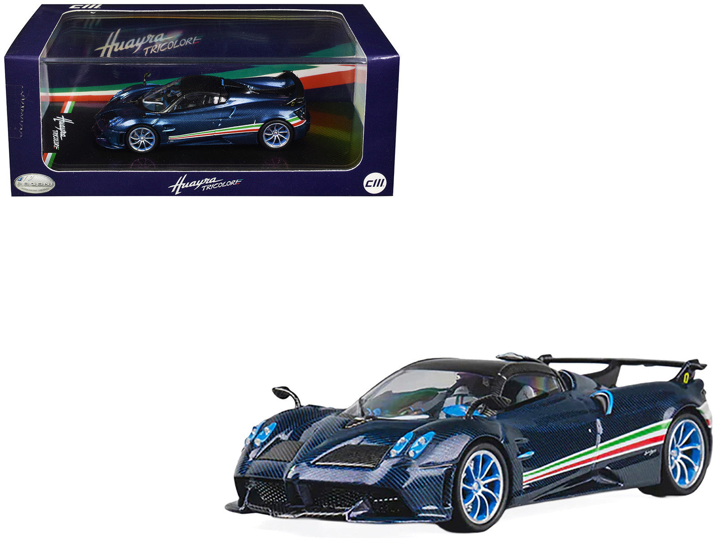 Pagani Huayra Tricolore Blue Carbon Metallic with Black Carbon Top and Italian Flag Stripes 1/64 Diecast Model Car by CM Model free shipping USA