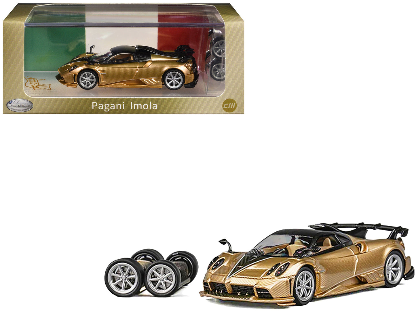 Pagani Imola Gold Carbon Metallic with Black Carbon Top with Extra Wheels 1/64 Diecast Model Car by CM Model free shipping USA
