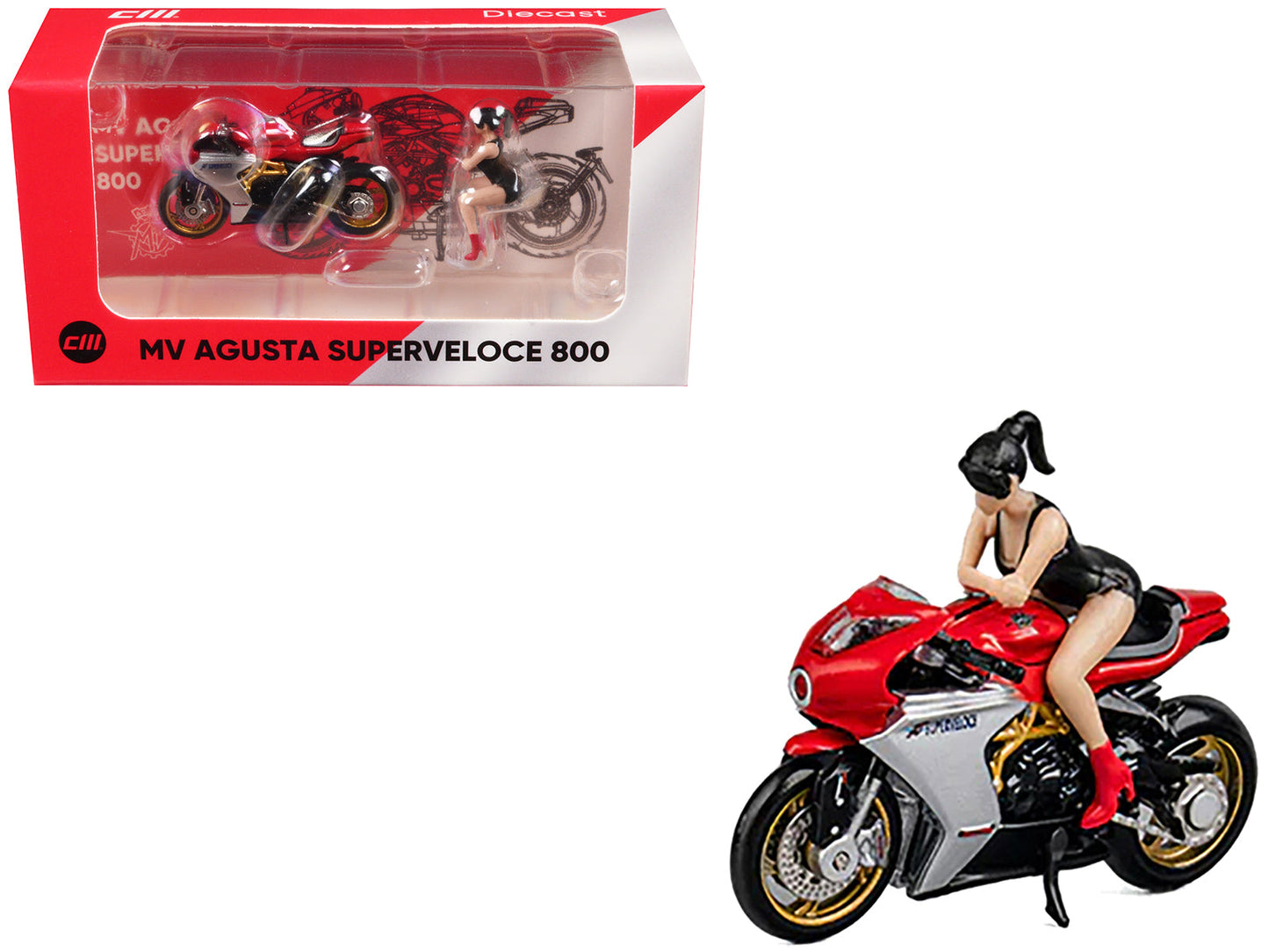 MV Agusta Superveloce 800 Motorcycle Red and Silver with Figure 1/64 Diecast Model by CM Model free shipping USA